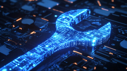 Digital Technology Concept: Illuminated Wrench Overlaying a Circuit Board