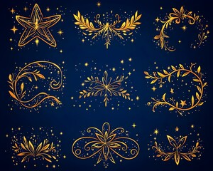 Nine golden ornamental designs on a dark blue background with glittering stars