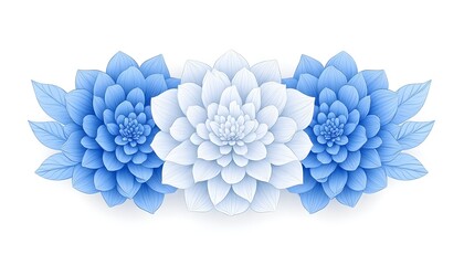 Three blue and white stylized flowers with leaves