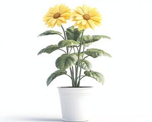 Obraz premium Two yellow flowers with green leaves in a white pot against a white background