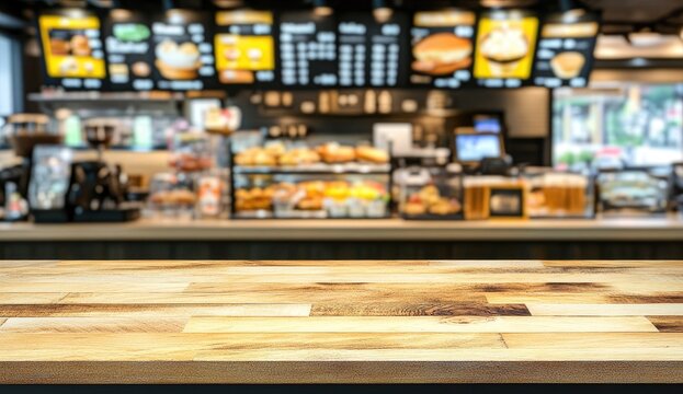 Empty wooden counter in fast food restaurant