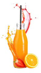 bottle of fresh fruit juice with splash effect on white background png