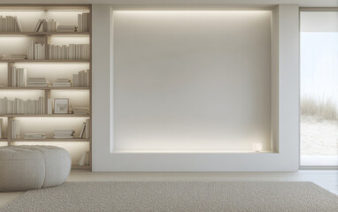 Fototapeta premium Modern minimalist interior design featuring cozy reading nook and soft lighting