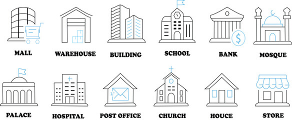 A set of vector icons featuring houses, churches, and buildings with various elements like roofs, doors, windows, and architectural details