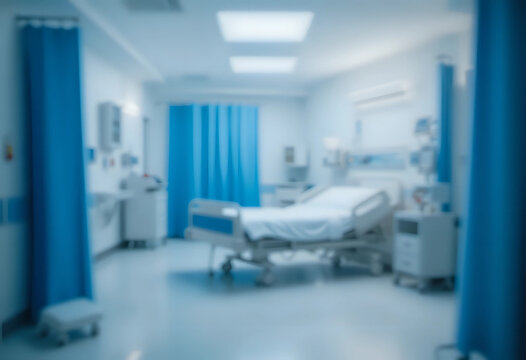 Patient hospital ward blur background, medical blurry interior white room ward with with bed nursing care or clinical healthcare recovery treatment space