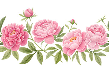 banner of Set of row of pink peonies isolated on white. Pink flowers with leaves on white background.PNG.AI GENERATED