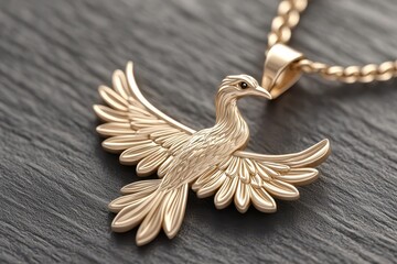 Elegant gold bird pendant necklace displayed on a textured dark surface.