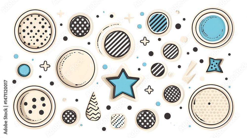 Poster a collection of abstract shapes with different patterns and colors, including circles, stars, dots, 