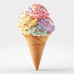 Colorful bright ice cream on bowls, with waffle cones and berries, on white background. Variety of ice cream portions with different flavor with fresh top view copy space layout background	