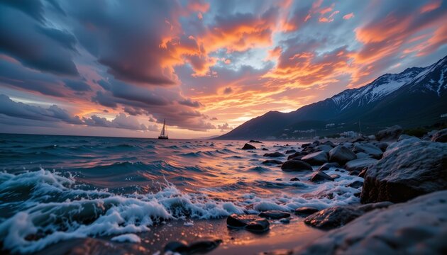 a dramatic view of a coastal sunset with vibrant colors in the sky reflecting on the water's surface - Powered by Adobe
