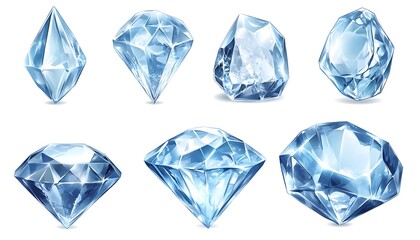 Naklejka premium A collection of eight blue, sparkling, gemstone diamonds of various shapes