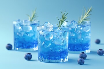 Refreshing, vibrant blue drinks with ice and rosemary sprigs