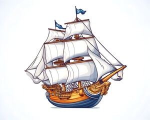 A detailed illustration of a three-masted sailing ship with white sails, brown hull, and blue accents, set against a white background