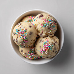 Colorful bright ice cream on bowls, with waffle cones and berries, on white background. Variety of ice cream portions with different flavor with fresh top view copy space layout background	