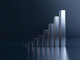Modern, metallic bar graph ascending on dark background.  Reflecting on dark surface