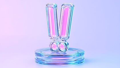 A glass exclamation mark with glowing pink light stands on a clear glass platform against a blue and purple gradient background