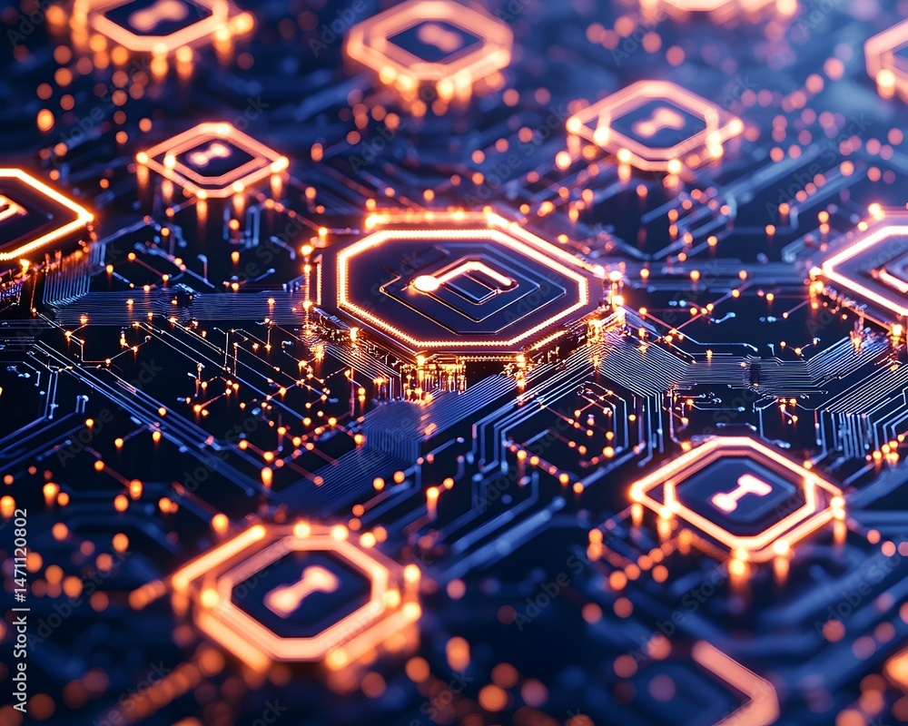 Poster a glowing, abstract design of a circuit board with a keyhole icon in the center