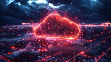 A vibrant digital cloud icon glows red above a futuristic city with dark stormy clouds looming in the background suggesting powerful cloud computing technology.