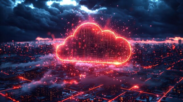 A vibrant digital cloud icon glows red above a futuristic city with dark stormy clouds looming in the background suggesting powerful cloud computing technology.