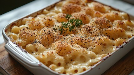 Baked macaroni and cheese in a white dish, adorned with breadcrumbs and parsley, rests on a wooden board, radiating creamy comfort and inviting warmth at home.