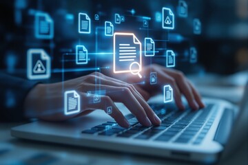 Hands typing on keyboard with glowing document icons floating in digital interface, futuristic graphic style on blurred background, concept of business data search. Ai generative