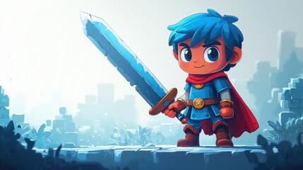 A cartoonish brave little knight with blue hair wea a red cape confidently holds a large sword against a cityscape backdrop, ready for an adventure.