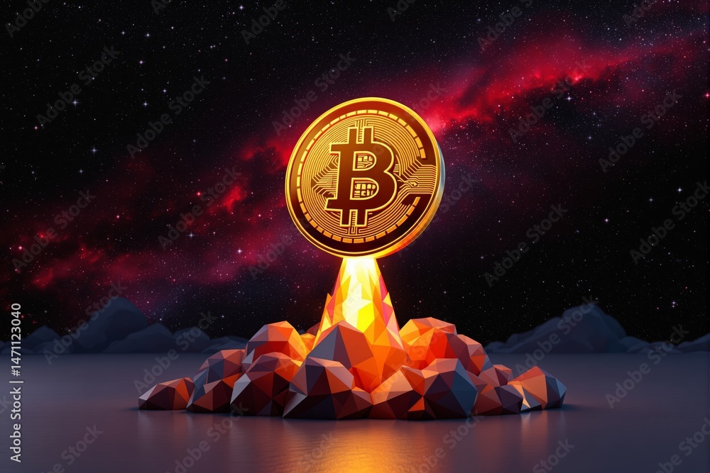 Poster glowing bitcoin symbol launching from polygonal rocks into space with stars and red nebula backgroun