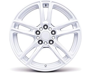 Obraz premium A white, five-spoke alloy wheel with a polished finish and a center cap
