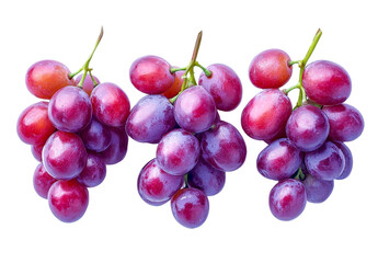 red grapes, three bunches isolated on white background.
