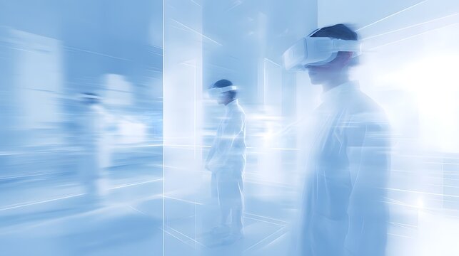 a futuristic setting with multiple figures in white coats standing amidst blue haze within a room illuminated by soft light.