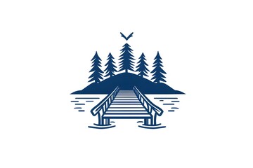 Fototapeta premium A wooden bridge leading to a small island with a group of trees and a bird flying overhead