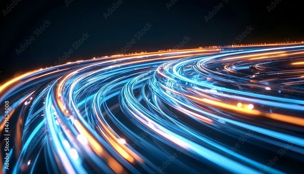 Poster abstract swirling light trails in blue and orange, creating a dynamic and futuristic design