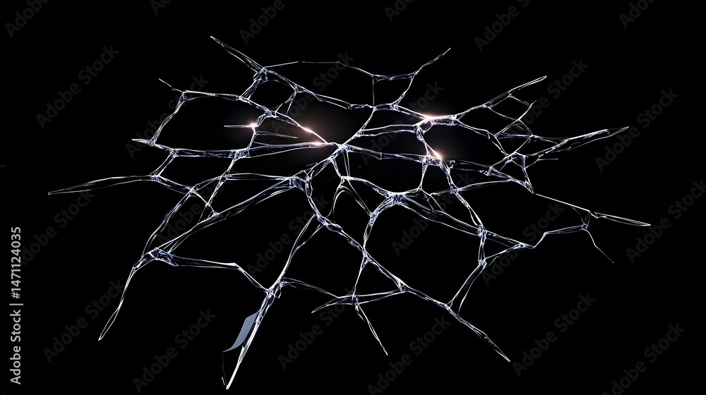 Poster an intricate web of shattered glass with a luminous glow emanating from its center against a black b