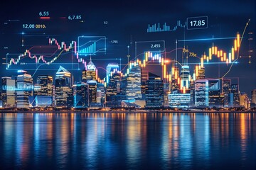 Bright business skyline with glowing stock market charts and graphs overlay, futuristic digital art style, night city background. Concept of finance. Ai generative