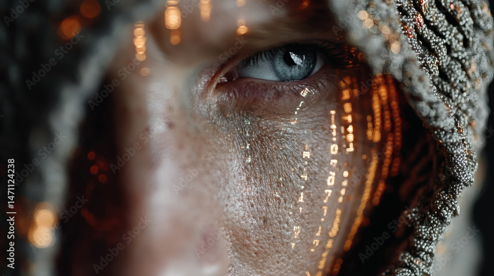 Poster intriguing hacker illuminated by glowing screen reflections digital realm close-up futuristic concep