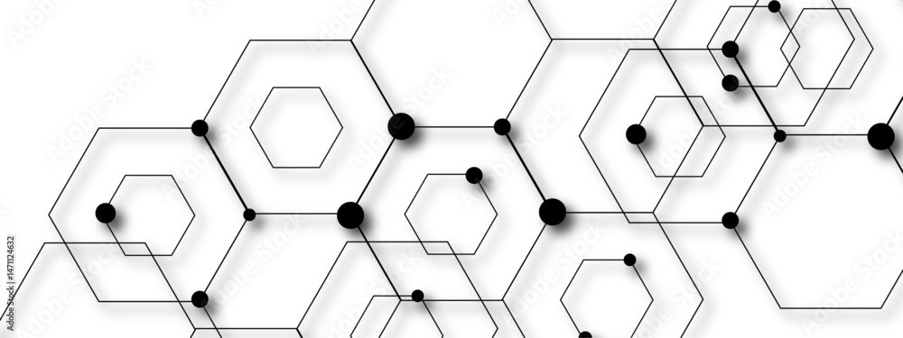 Poster abstract vector design with interconnected black-outlined hexagons. honeycomb-like pattern on white 