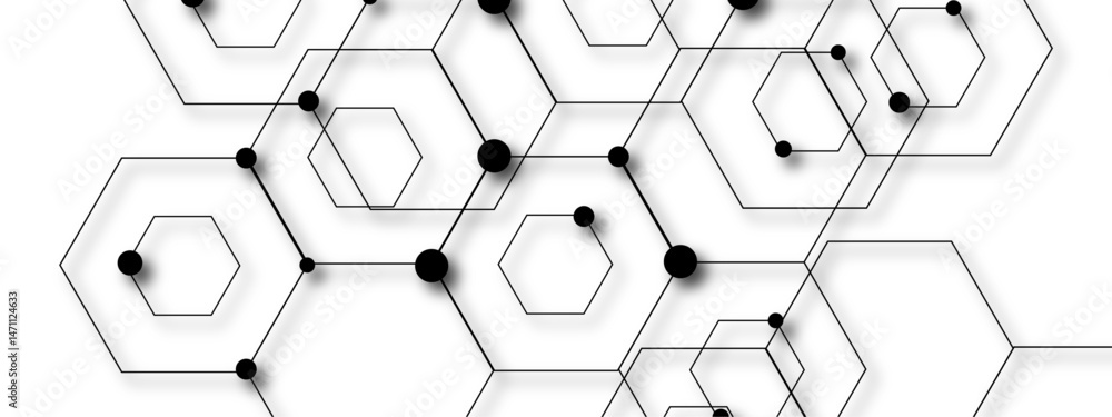 Poster abstract vector design with interconnected black-outlined hexagons. honeycomb-like pattern on white 