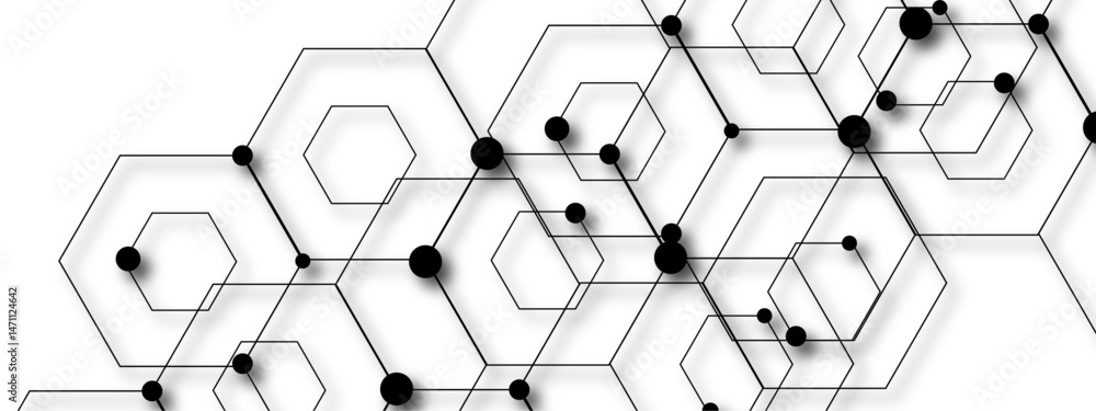 Poster abstract vector design with interconnected black-outlined hexagons. honeycomb-like pattern on white 