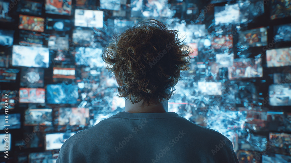Poster man looking at multiple screens display technology interface digital content streaming platform conc