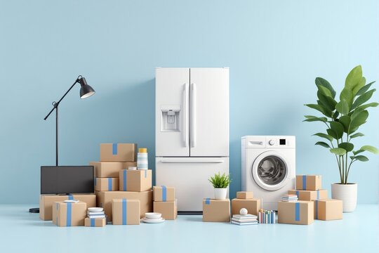 White refrigerator, washing machine, and moving boxes with various home items like books, dishes, and lamp on pastel background. Concept of moving home. Ai generative
