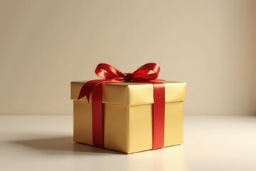Obraz premium A luxuriously wrapped golden present box with a vibrant red ribbon, ready for a special occasion