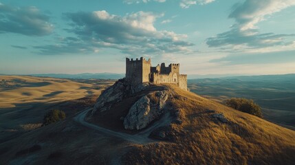 Obraz premium Timeless fortress atop a hill, overlooking serene valleys under soft sky