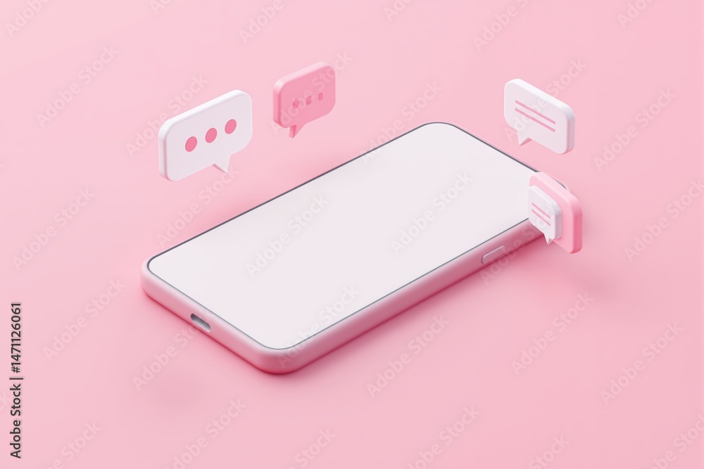 Poster smartphone mockup with blank screen and floating chat icons in pastel 3d style on pink background. c