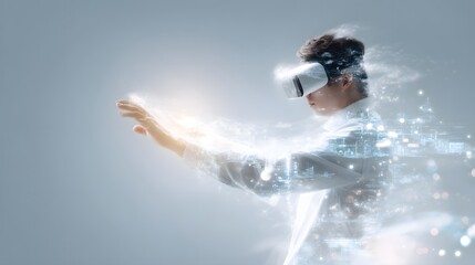 Naklejka premium an individual in a virtual environment, with elements of technology and digital connectivity surrounding them