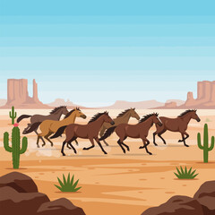 Fototapeta premium Horses Running Freely Across Desert Landscape with Cacti and Buttes