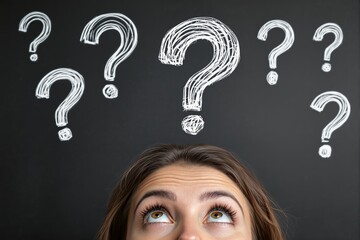 Woman's eyes looking upward with multiple sketchy question marks on a chalkboard background, representing confusion, doubt, or decision-making in business. Ai generative