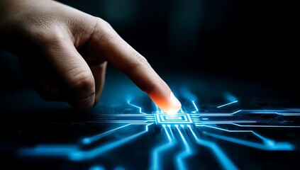 Fingertip Interacting with Futuristic Circuit Board Technology Innovation Digital
