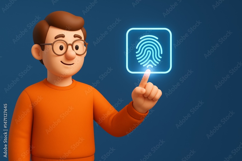 Poster simple animated character interacting with biometric technology