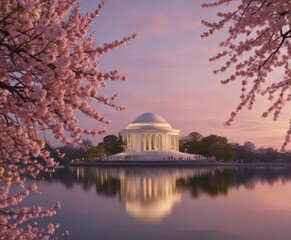 Obraz premium Sunrise illuminates Jefferson Memorial amidst cherry blossoms, nature, Washington DC