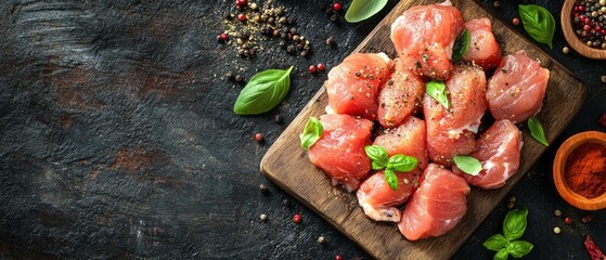 Raw meat cubes arranged on a wooden cutting board.